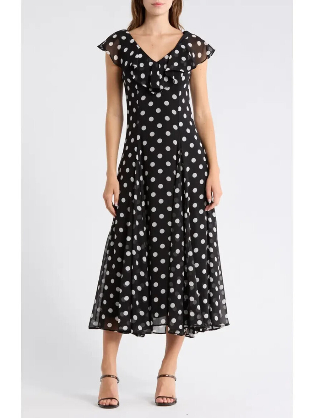 New WAYF Ruffle Godet Midi Dress Black White Polka Dot Size L